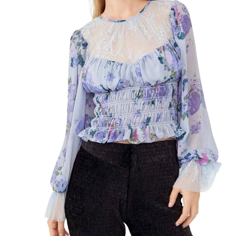 Free People Daphne Silvery Blue Floral Boho Blouse Small NWT